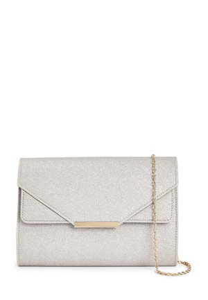 Silver textured envelope clutch purse with a gold rectangular clasp and a thin gold chain strap on a white background.