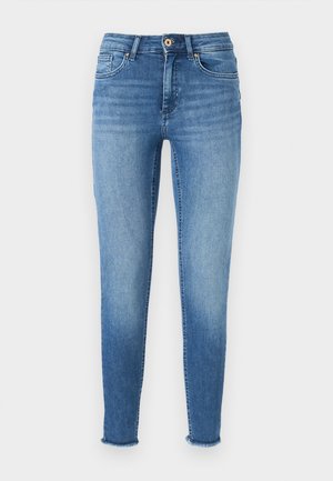 Light blue skinny jeans with a faded wash, made of denim. Features four pockets, belt loops, and frayed hems at the ankles.
