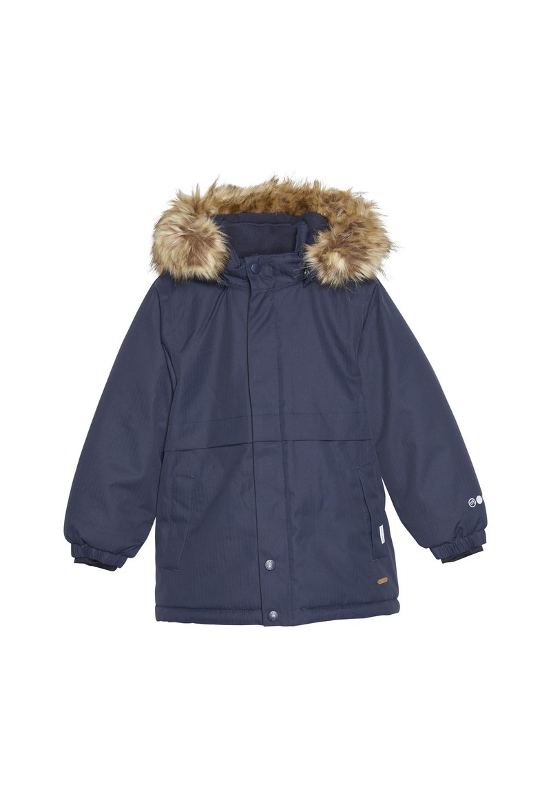 Mørkeblå parka-jakke med faux fur-pynt på hetten, med glidelås- og knappelukking, to sidelommer og elastiske mansjetter.
