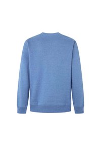 Sudadera azul de manga larga, con cuello, puños y dobladillo de canalé. Textura suave de color sólido, sin patrones ni acentos.