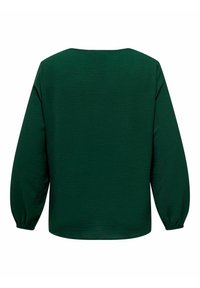 Vihreä pitkähihainen paita, jossa on rento istuvuus, ribbi-tunnelma ja pyöreä pääntie. Ominaisuuksia ovat gathering-hihansuut ja sileä kangas.