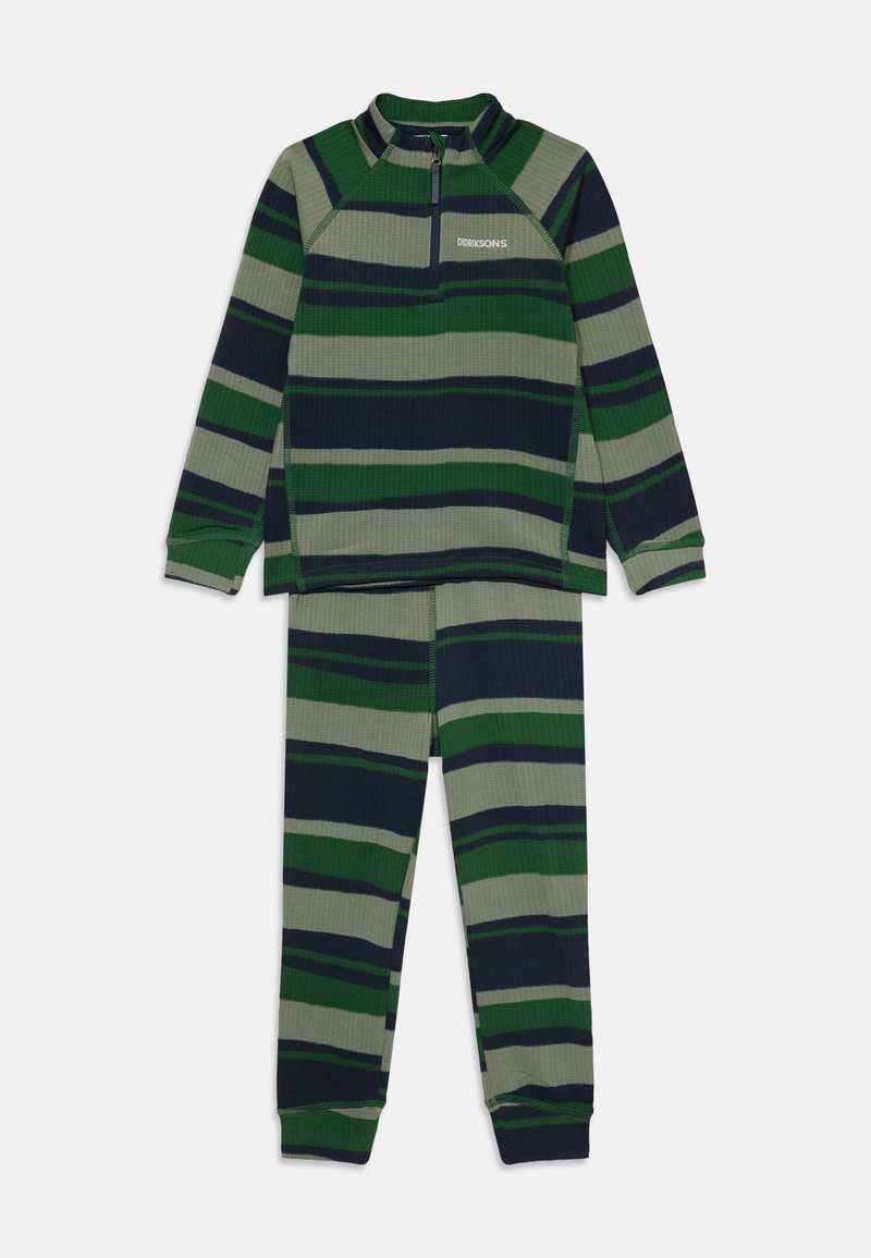 Barnens gröna, marinblå och grårandiga thermoset med långärmad zip-up topp och matchande byxor, ribbade manschetter och liten logotyp på bröstet.