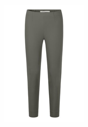 Olivgrüne, schmal geschnittene Hose aus glattem Material. Verfügt über vordere Nähte und ein knöchellanges Design mit elastischem Bund.