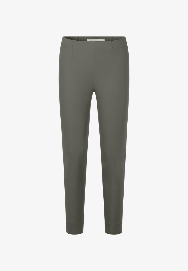 Olive green slim-fit pants made of smooth fabric. Features front seams and ankle-length design with a fitted waistband.
