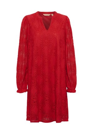 Rochie roșie din dantelă, cu decolteu în V, mâneci lungi bufante și un model floral complex pe întreaga suprafață. Prezintă manșete elastice și o croială lejeră.