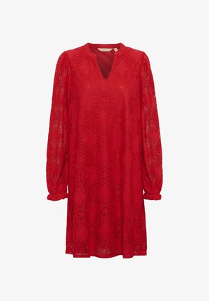 Czerwona koronkowa sukienka z dekoltem w serek, długimi bufiastymi rękawami i skomplikowanym wzorem kwiatowym. Posiada elastyczne mankiety i luźny krój.