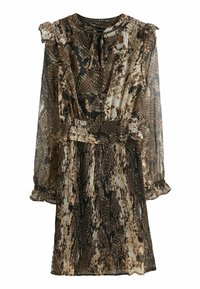 Robe courte en tissu léger et transparent, présentant un imprimé serpent marron et beige. Taille froncée, manches volantes et fermeture à nouer au cou.