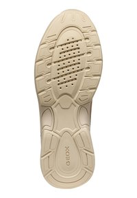 Suola di scarpa color beige chiaro con motivi testurizzati, perforazioni per traspirabilità e logo del marchio posizionato centralmente. Materiale in gomma durevole.