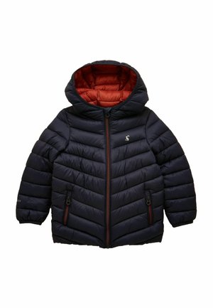 Jachetă matlasată cu glugă, de culoare albastru închis, căptușeală interioară portocaliu-ruginie, fermoar frontal, două buzunare cu fermoar și un mic logo sub forma unei păsări pe piept.