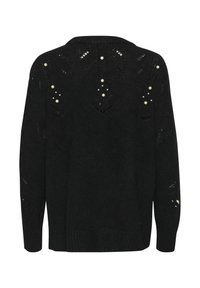 Melnā adītā džemperis ar teksturētu rakstu, izgriezumiem un pērļu akcentiem, ribota apakšmalde un piedurknes, brīvs piegriezums. Skats no aizmugures.