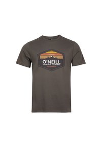Camiseta de algodón verde oliva con un gráfico hexagonal que presenta montañas, franjas naranjas y amarillas, y el texto "O'Neill Santa Cruz, California".