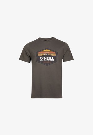 Oliven grøn bomulds T-shirt med et sekskantet grafisk design med bjerge, orange og gule striber samt teksten "O'Neill Santa Cruz, Californien".