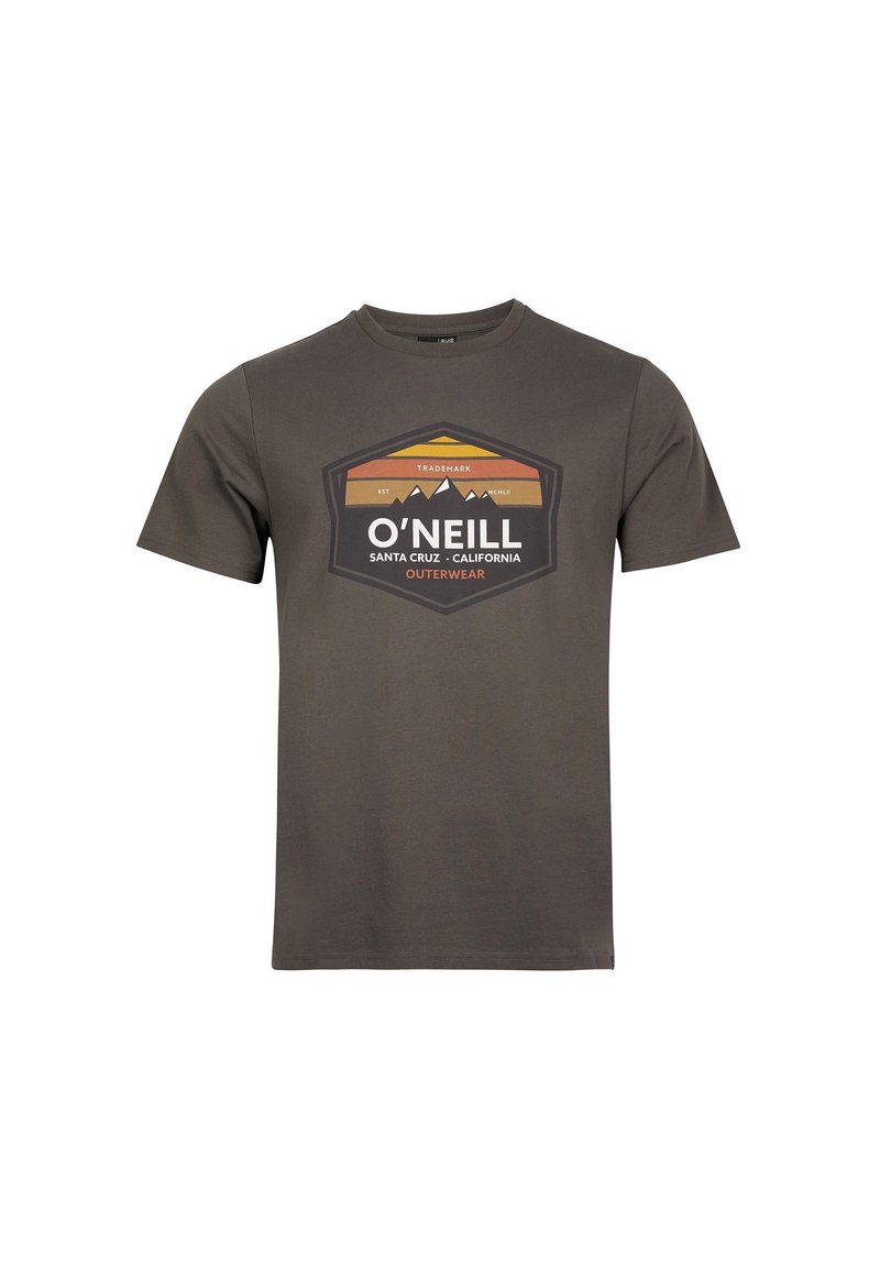 Camiseta de algodón verde oliva con un gráfico hexagonal que presenta montañas, franjas naranjas y amarillas, y el texto "O'Neill Santa Cruz, California".
