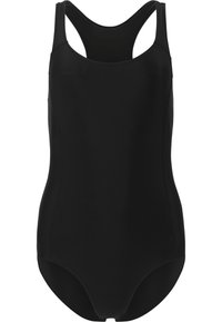 Maillot de bain une pièce noir avec un design dos nageur, en tissu lisse et coutures invisibles pour le confort. Style simple et fonctionnel.