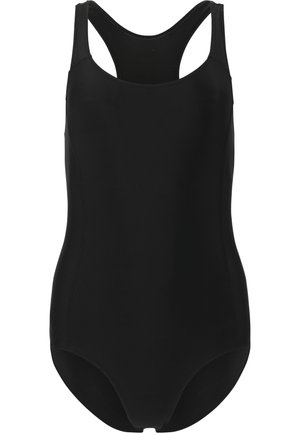 Zwarte badpak met een racerback ontwerp, gladde stof en naadloze stiksels voor comfort. Eenvoudige en functionele stijl.