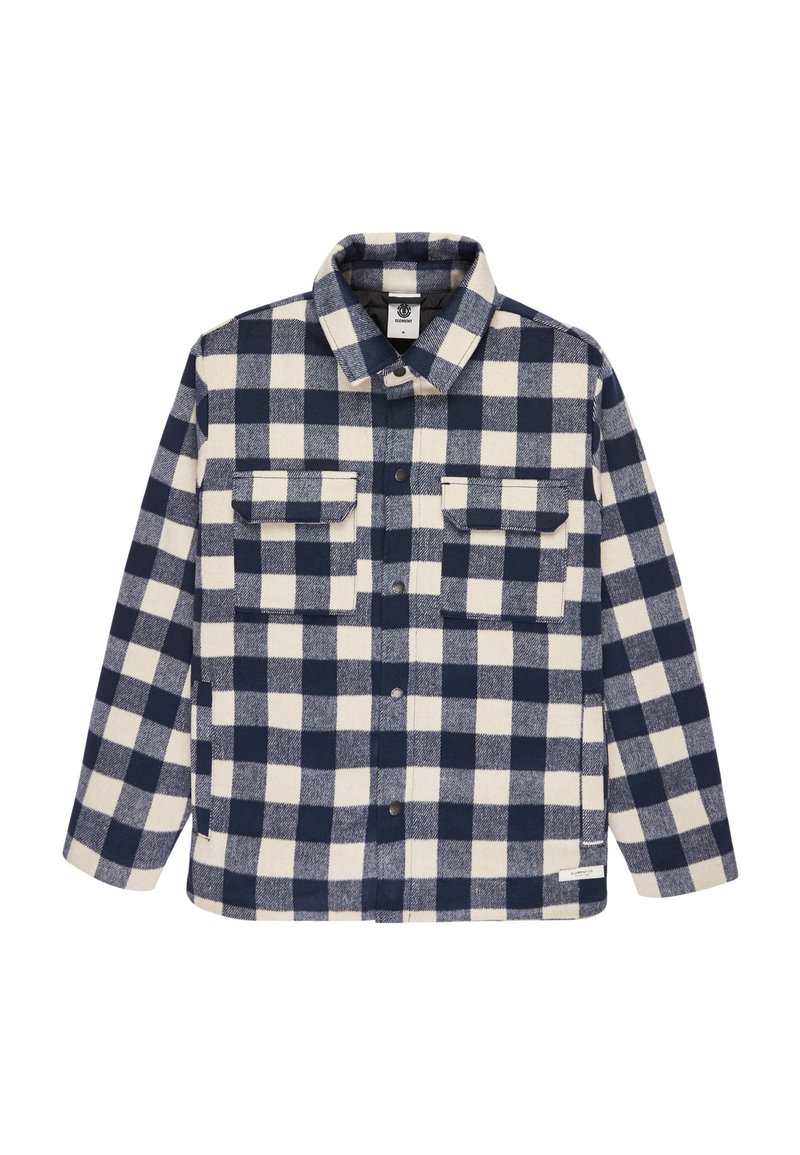 Herren Langarmhemdjacke mit kariertem Muster in Marineblau und Weiß sowie zwei Brusttaschen mit Klappen.