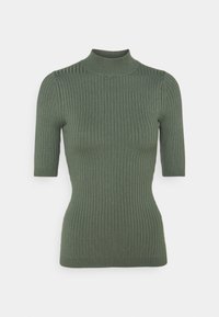 Pull à col roulé à manches courtes côtelé vert avec coupe slim, fabriqué dans un matériau tricoté texturé, présentant un col montant et un corsage ajusté.