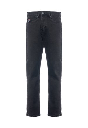 Jeans in denim nero con design a gamba dritta, dotati di chiusura con bottone e cinque tasche. Texture sottile con una finitura liscia.