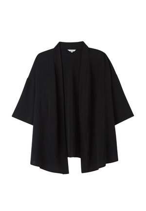 Cardigan in stile kimono nero realizzato in tessuto leggero, con maniche ampie e apertura frontale, che offre una vestibilità rilassata senza chiusure.