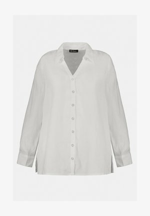 Weißes Leinenhemd mit Knopfleiste, V-Ausschnitt, langen Ärmeln und lockerer Passform mit seitlichen Schlitzen. Glatte Textur und klassisches Design.