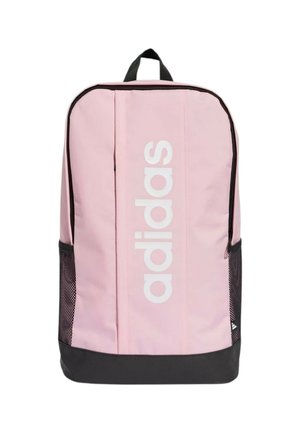 Zaino Adidas rosa e nero con logo bianco verticale, maniglia superiore nera e tasche laterali in rete nere su sfondo bianco.