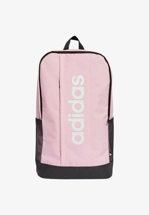Zaino Adidas rosa e nero con logo bianco verticale, maniglia superiore nera e tasche laterali in rete nere su sfondo bianco.