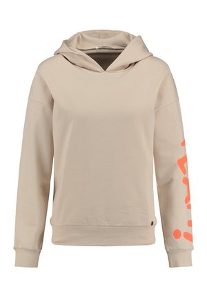 Beżowa bluza z kapturem, wykonana z miękkiego materiału, o luźnym kroju, z długimi rękawami i pomarańczowym nadrukiem graficznym na prawym rękawie.