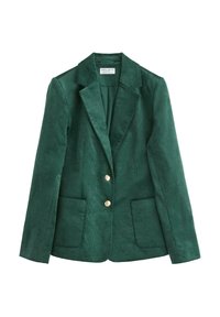 Zelený kordový blazer s výklopnými klopami, dvěma zlatými knoflíky a dvěma předními kapsami. Hladká textura s vertikálním žebrováním.