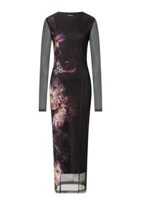Langes schwarzes Kleid mit floralem Druck in Rosa-Schattierungen. Es hat durchsichtige lange Ärmel und eine figurbetonte Silhouette. Glattes Material mit leichtem Glanz.