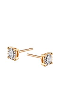 Złote kolczyki-stud z kwiatowym wzorem, z centralnym okrągłym kryształem otoczonym mniejszymi kryształami. Polerowana powierzchnia o eleganckim wykończeniu.