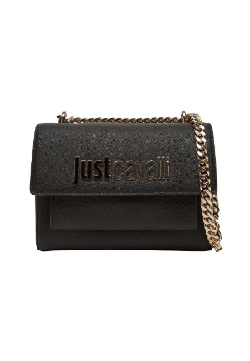 Borsa a tracolla nera in finta pelle con tracolla a catena dorata, logo "Just Cavalli" impresso, forma rettangolare, chiusura a patta, texture liscia.