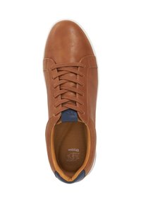 Brown leather sneaker with lace-up design, white sole, and contrasting navy accent at the heel. Interior features a tan lining.