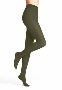 Leggings verdi opachi con una texture liscia e una vita elastica, progettati per adattarsi perfettamente, estendendosi dalla vita fino ai piedi.