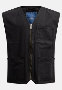 Gilet nero senza maniche con chiusura a zip frontale, due tasche anteriori e orlo arrotondato. Realizzato in tessuto resistente, presenta un'etichetta con il marchio "REBEL".