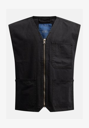 Gilet sans manches noir avec fermeture éclair à l'avant, deux poches avant et un ourlet arrondi. Fabriqué en tissu solide, il comporte une étiquette avec la marque "REBEL".