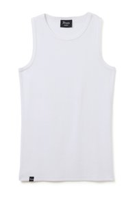 Weißes ärmelloses Tanktop aus weichem Baumwollmaterial, mit einem gerippten Halsausschnitt und Armausschnitten. Enthält ein kleines schwarzes Markenlabel nahe dem Saum.