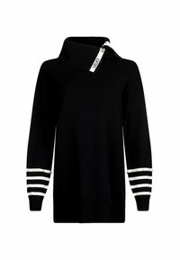 Maglione nero lavorato a maglia con colletto asimmetrico, fascia logata bianca e polsini a righe arricchiti da perle. Presenta una vestibilità morbida e maniche lunghe.
