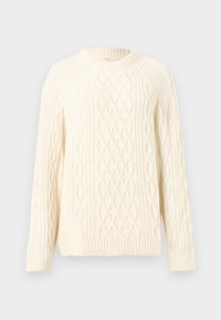 Pull en maille torsadée couleur crème avec manches longues et col rond, poignets et ourlet côtelés.