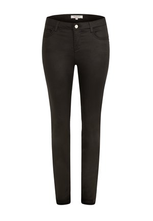 Zwarte skinny jeans van gladde stof, met een sluiting van een voorknop en rits, met zakken en een slim fit ontwerp.