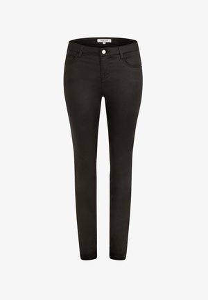 Schwarze Skinny-Jeans aus glattem Material, mit einem Frontknopf und Reißverschluss, ausgestattet mit Taschen und einem schmalen Schnitt.