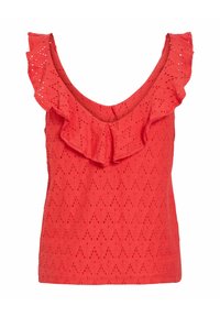 Haut rouge sans manches en tissu ajouré avec un col à volants, présentant un motif chevron sur tout le tissu.