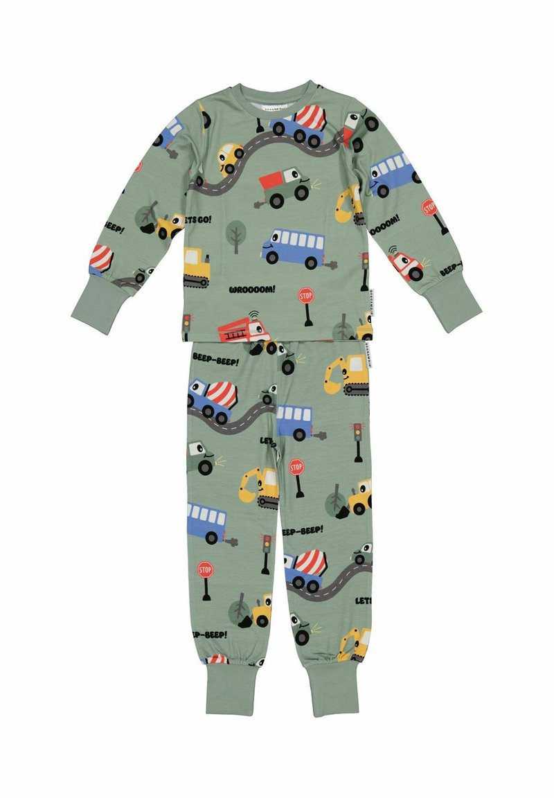 Tvådelad pyjamas i ljusgrön tyg med olika färgglada fordon, trafikskyltar och mönster. Långa ärmar och elastiska manchetter.