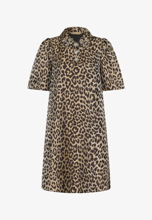 Robe imprimée léopard avec un col orné de bijoux, manches courtes bouffantes et coupe décontractée. Fabriquée en tissu lisse et texturé.