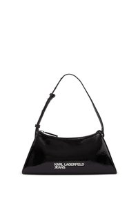 Fekete lakkbőr kézitáska, háromszögletű formával, felső cipzárral és állítható pánttal. "KARL LAGERFELD JEANS" felirat ezüst színben.