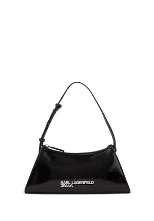 Black patent leather handbag with a triangular shape, featuring a top zipper and adjustable strap. Logo "KARL LAGERFELD JEANS" in silver.