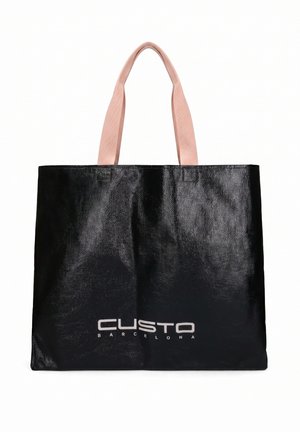 Borsa tote nera con manici rosa e logo bianco "CUSTO BARCELONA" centrato sul davanti.
