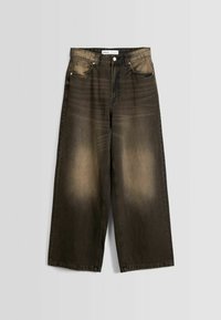 Mörka denim jeans med vida ben och en gradientfade-effekt från svart till ljusbrun, med fem fickor och metallknäppning.