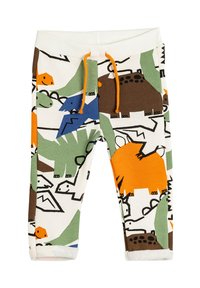 Katoenen peuterbroek met een meerkleurig dinosaurussen- en dierenprint in oranje, groen, blauw en bruin. Elastische tailleband met trekkoord.