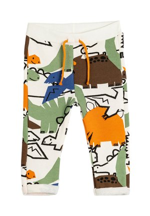 Katoenen peuterbroek met een meerkleurig dinosaurussen- en dierenprint in oranje, groen, blauw en bruin. Elastische tailleband met trekkoord.