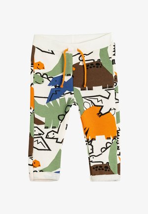 Katoenen peuterbroek met een meerkleurig dinosaurussen- en dierenprint in oranje, groen, blauw en bruin. Elastische tailleband met trekkoord.